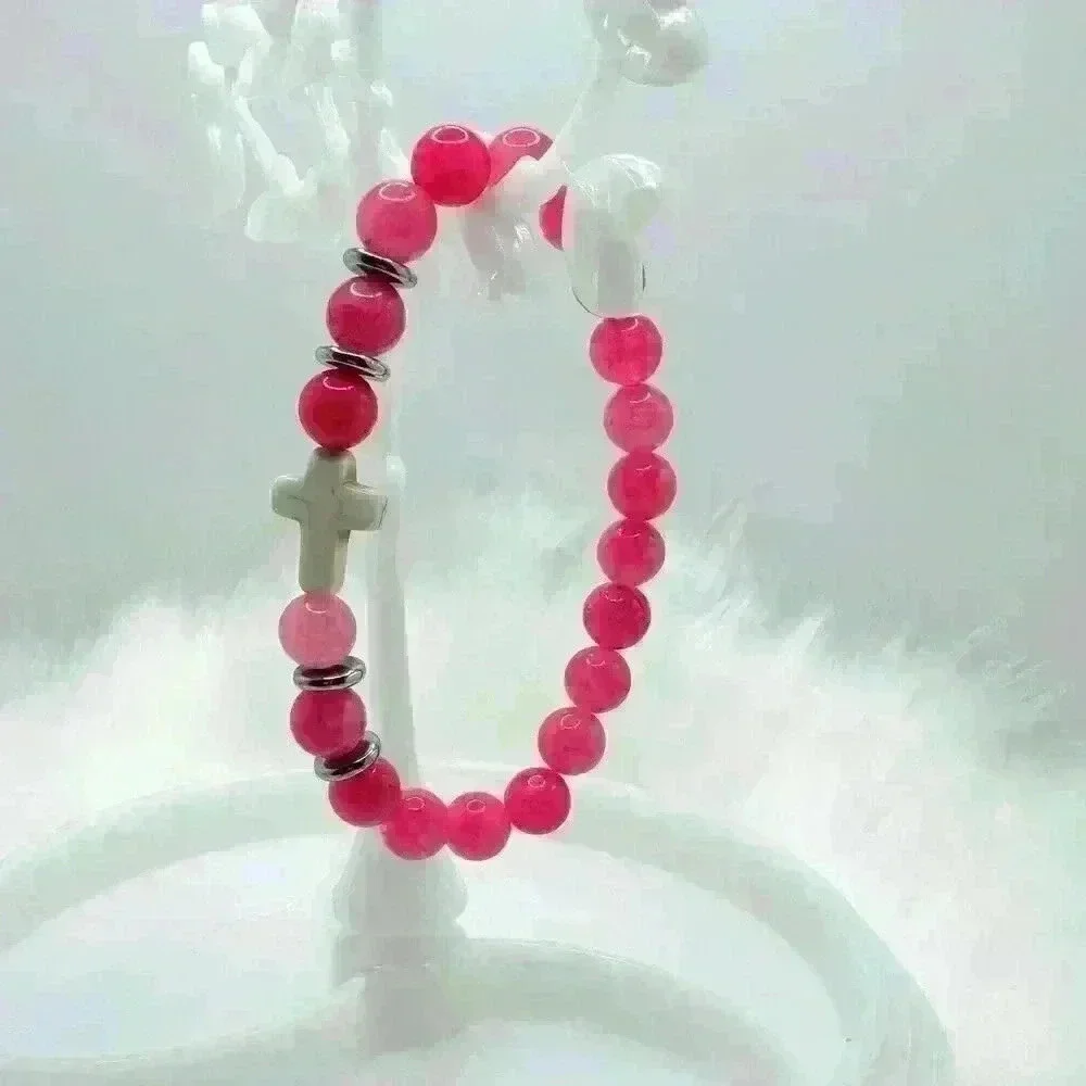 Bubble Gum Pink Beaded W/ White Cross Bracelet